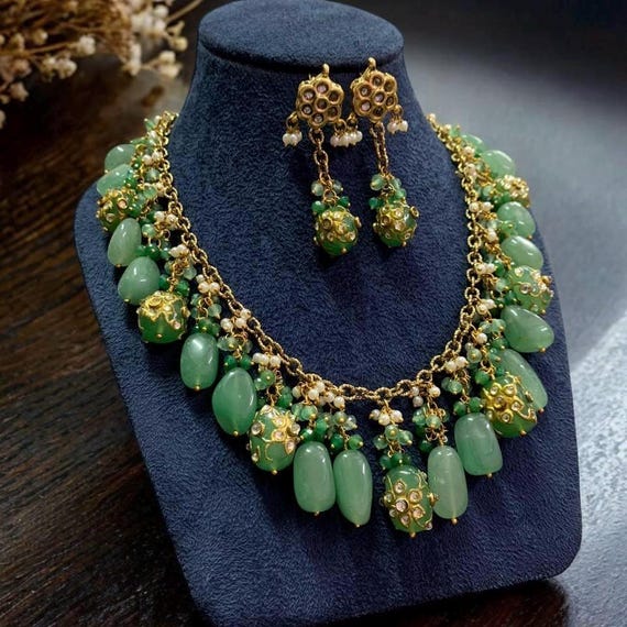 Indian Bollywood Traditional Sabyasachi Inspired Gold Plated pastel green beads necklace set statement jewellery set with earrings
