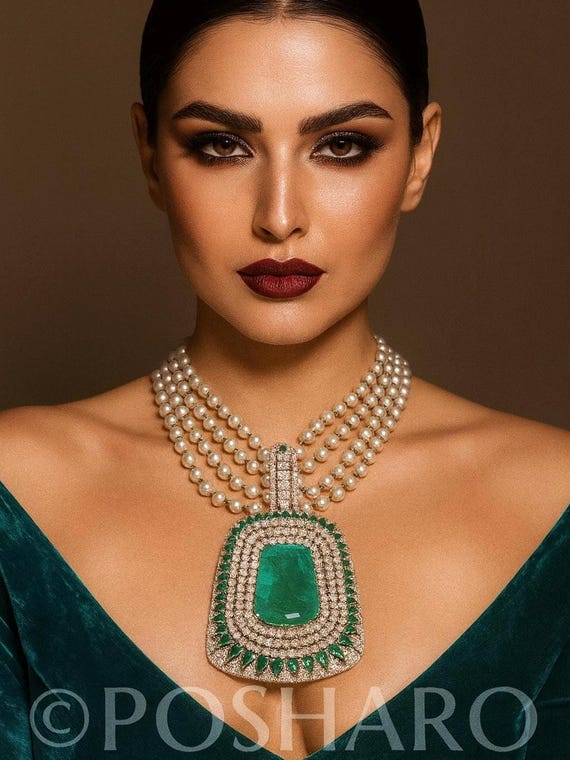 Bollywood Sabyasachi Inspired pastel green emerald stone CZ cubic zirconia premium quality jewelry set, necklace with earrings