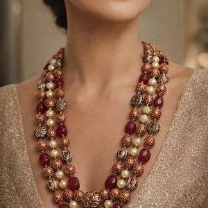 Ruby Red Layered Mala Necklace Set – 24 Inch Temple Jewelry with Earrings