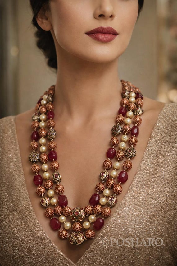 Ruby Red Long Mala Necklace Set – 24 Inch Beaded Temple Jewelry with Earrings | Indian Layered Bridal Necklace