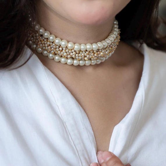 Indian Bollywood Fashion Sabyasachi Inspired 18k gold plated real fresh water Pearls Choker Necklace Set