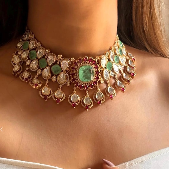 Gold Plated Victorian Choker Set: Emerald, Ruby & Moissanite Polki