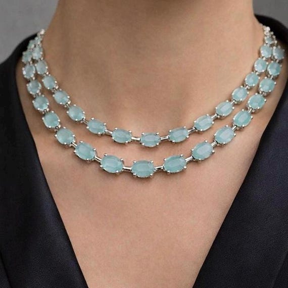 Aqua Mint Green Oval CZ Necklace Set with Matching Earrings – Modern Party Jewelry