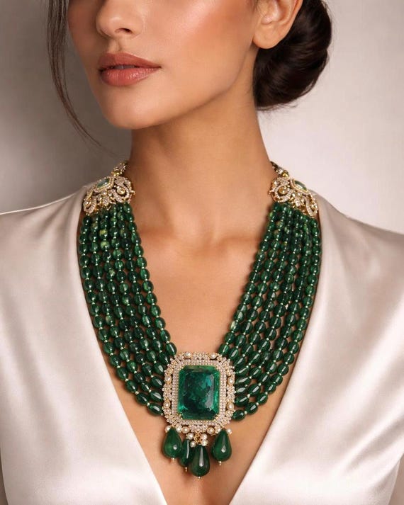 Bollywood Moissanite Green Emerald Polki Sabyasachi Inspired Necklace Set /Reception victorian Bridal Choker Set