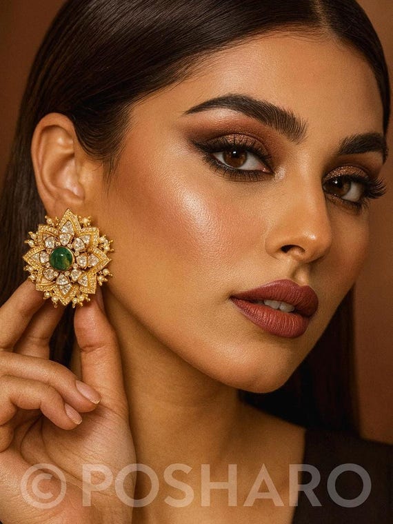 Sterling Silver 925 Emerald Kundan Stud Earrings: Indian Bridal Jewelry