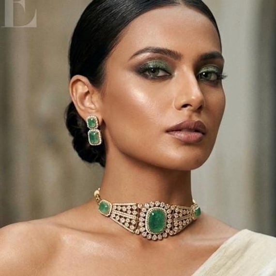 Pastel green emerald Polki Choker Set | Elegant Minimal Bridal Jewelry | Wedding / Festive Wear | POSHARO
