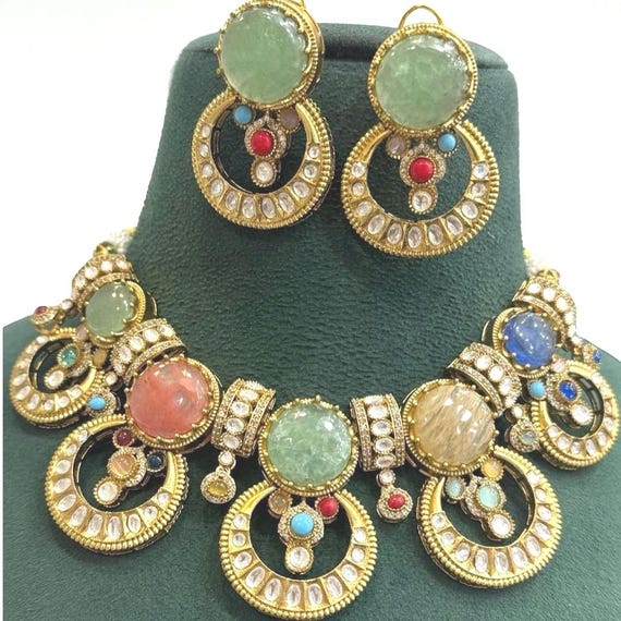 Statement Sabyasachi Inspired Multi-Stone Polki Choker Necklace Set – Handcrafted Luxury