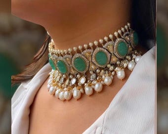 Sabyasachi Inspired baroque pearls gold plated handcrafted pastel mint green stones and Moissanite polki choker necklace set or jewellery se