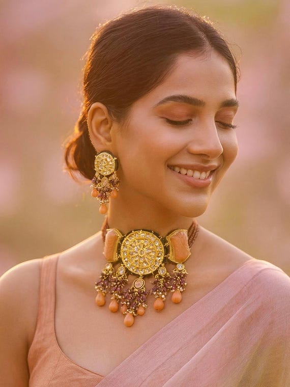 Handcrafted Polki Kundan Peach Orange Stone Choker Necklace with Earrings | Bridal Statement Jewelry | Indian Wedding Jewelry