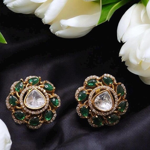 Indian Bollywood Traditional Sabyasachi Inspired Gold Plated 999 real Silver foil polki green emerald Victorian Kundan Studs or Earrings