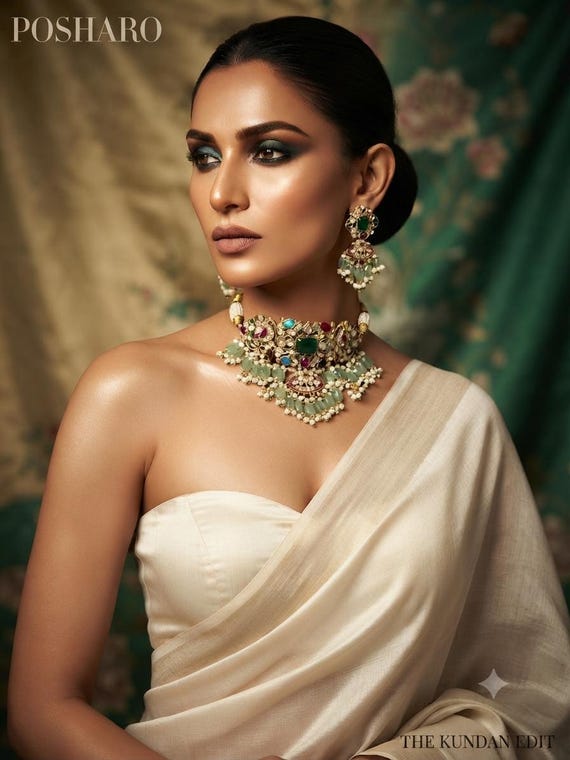 Moissanite Jadau Polki Choker Necklace Set: Sabyasachi Inspired Bridal Jewelry Set