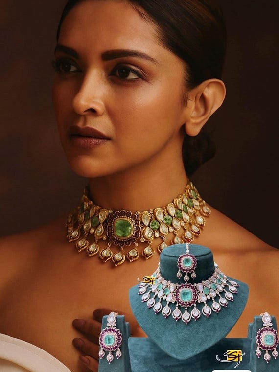 Sabyasachi Inspired fine Gold Plated Victorian green emerald and wine red ruby stones and Moissanite polki choker with earrings