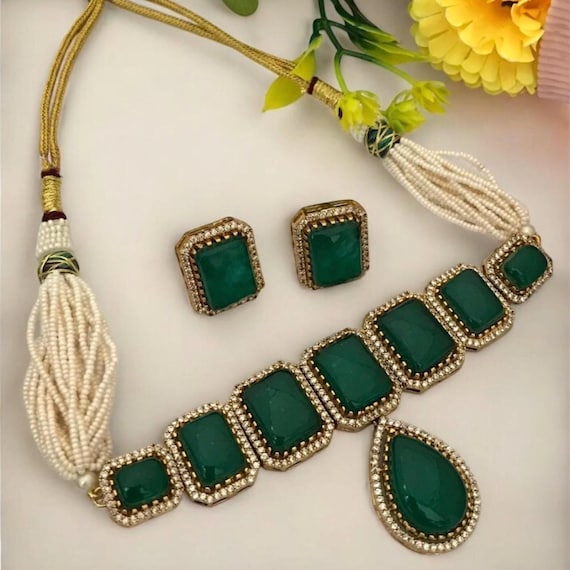Sabyasachi-Inspired Emerald Green Doublet Stone Choker Set | Modern Polki Diamond Choker Necklace with Earrings | 24K Gold Plated Jewellery