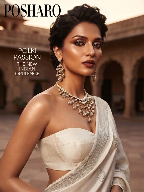 Luxury Polki Bridal Necklace Set | Indian Wedding Jewelry Set | Long Statement Polki Necklace & Earrings | Traditional Kundan Style Jewelry