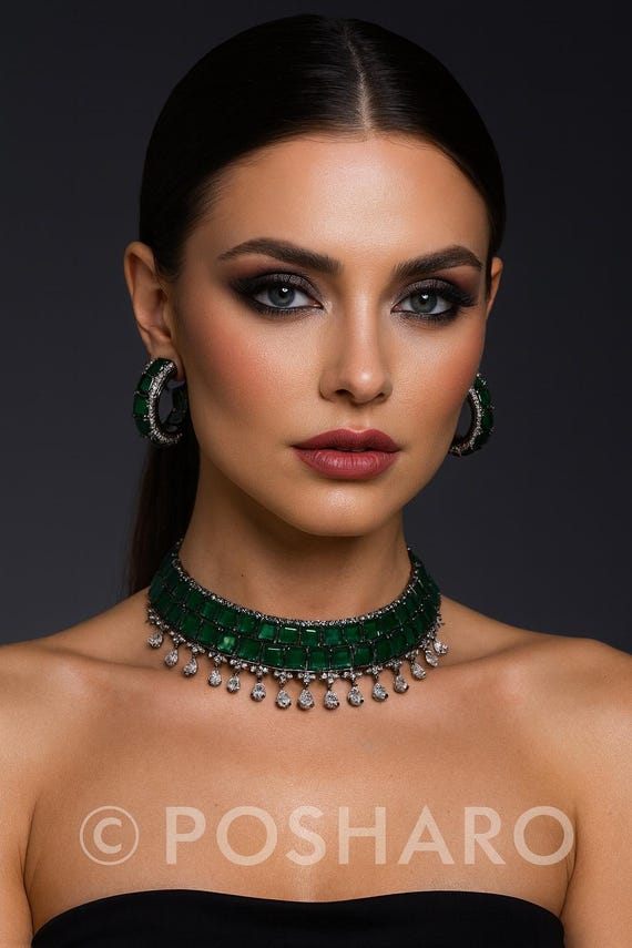 Sabyasachi Inspired Bridal Choker: Victorian CZ Emerald Necklace, Black Rhodium Jewelry