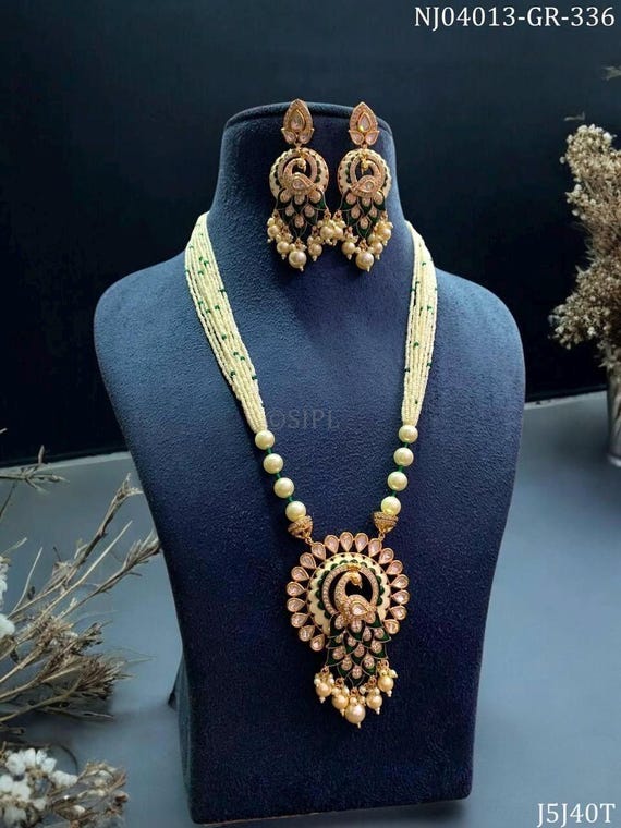 Sabyasachi Inspired premium quality fine gold plated real 999 silver Moissanite polki kundan peacock jewelry set, necklace with earrings