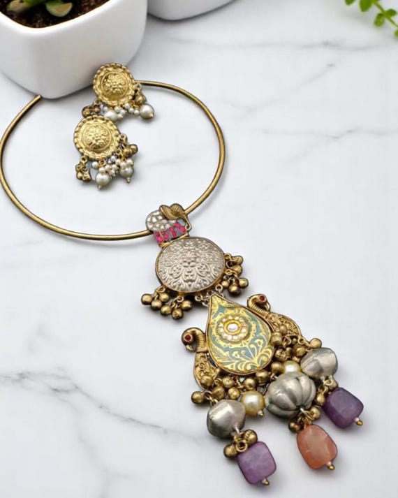 Sabyasachi-Inspired handcrafted Gold and Silver Fusion lightweight Hasli Necklace Set