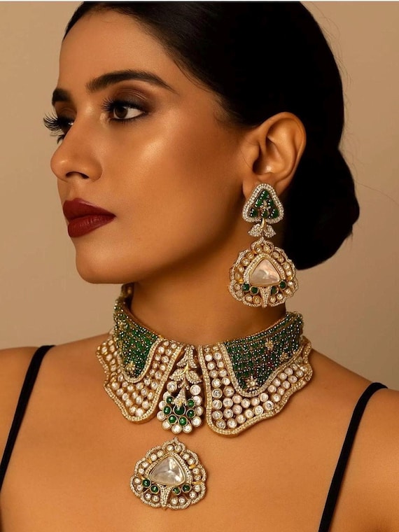 Sabyasachi inspired Green Kundan Choker Necklace Set | Indian Bridal Jewelry | Moissanite Polki Choker with Earrings | Wedding Jewelry Set