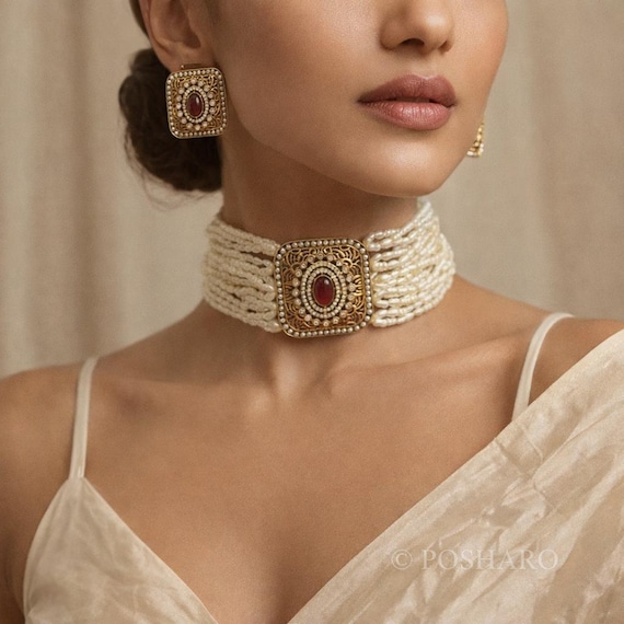 Filigree Square Pendant Choker: Pearl & Ruby Necklace Set