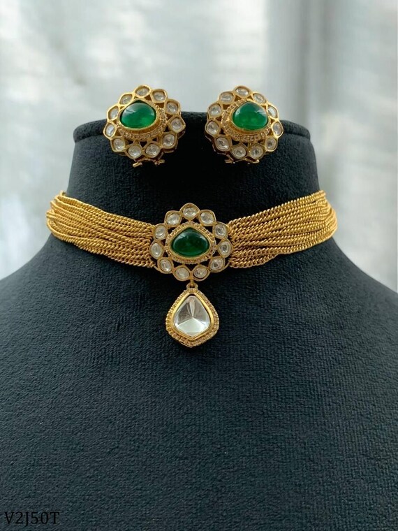Indian Bollywood Fashion Sabyasachi Inspired 24k gold plated green emerald stone Choker Necklace Set
