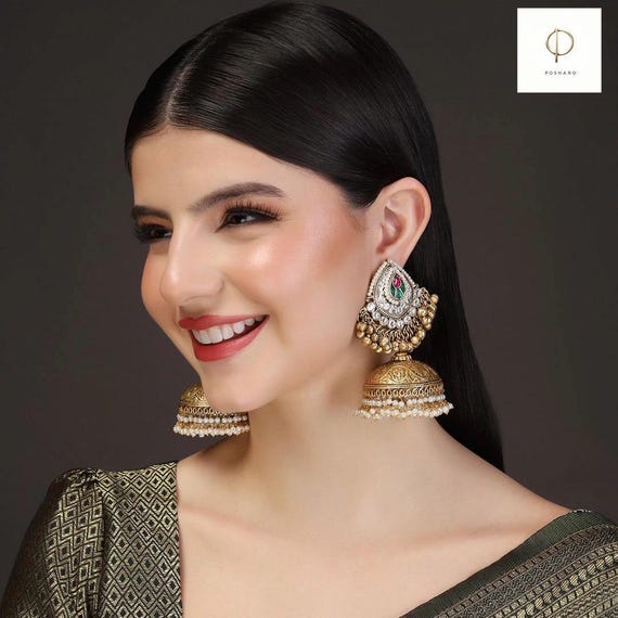 Posharo | The Aarya Collection – Antique Polki Earrings with Filigree & Gold Fusion