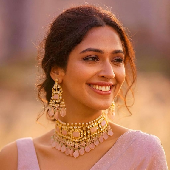 Statement Polki Kundan Choker Necklace Set | Bridal Jewelry with Earrings & Maang Tikka | Pastel Pink Beaded Indian Wedding Jewelry