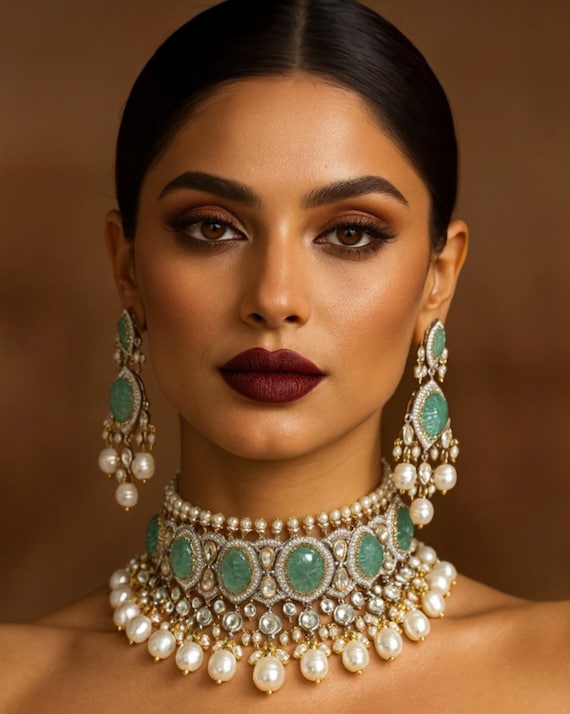 Gold Plated Polki Choker Necklace Set: Pastel Green Stone Kundan Jewelry