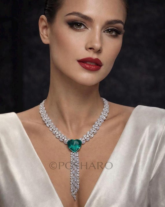 Emerald Heart Drop Necklace Set | CZ Diamond Look Bridal Jewelry | Luxury Statement Necklace