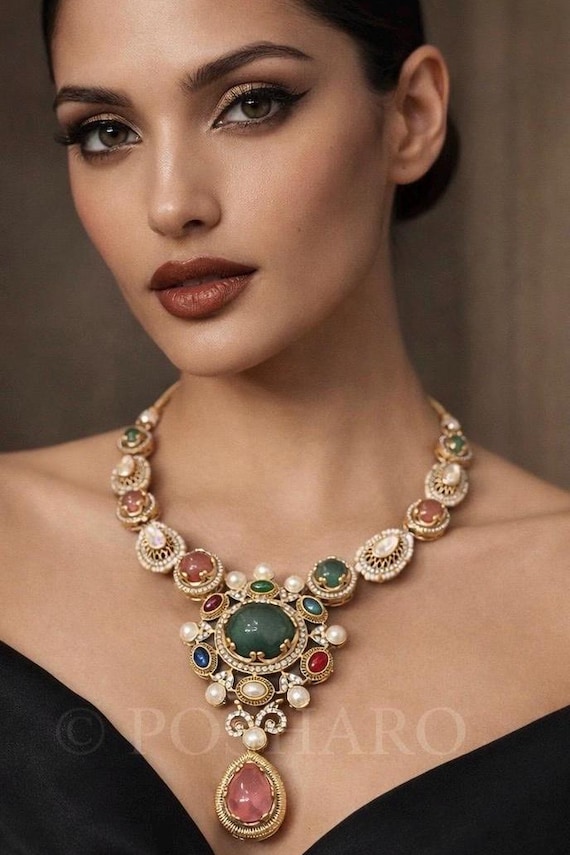 Heritage Multistone Kundan Necklace Set | Premium Polki Fusion Jewelry | Bridal & Festive Wear | POSHARO