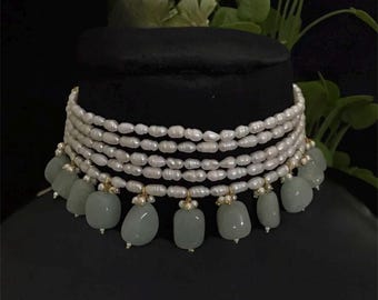 Indian Bollywood Fashion Sabyasachi Inspired fine gold plated fresh water Pearls Choker with pastel green stone beads choker Necklace Set