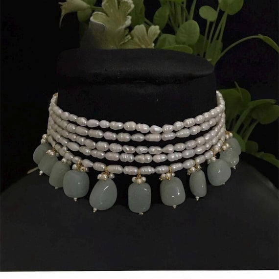 Indian Bollywood Fashion Sabyasachi Inspired fine gold plated fresh water Pearls Choker with pastel green stone beads choker Necklace Set
