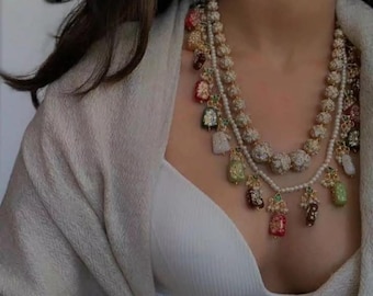 Sabyasachi Inspired Gold Plated handcrafted multicolored glass beads kundan golden round beads necklace set or jewellery set