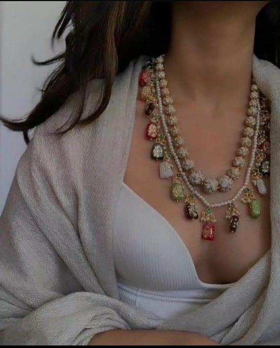 Sabyasachi Inspired Gold Plated handcrafted multicolored glass beads kundan golden round beads necklace set or jewellery set