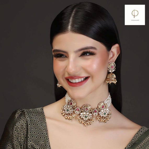 Regal Radiance Filigree Elegance Polki Choker and Earrings