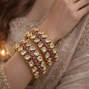 Brazaletes tradicionales indios Kundan Kada – Joyería nupcial llamativa chapada en oro de 22 quilates, talla 2.8