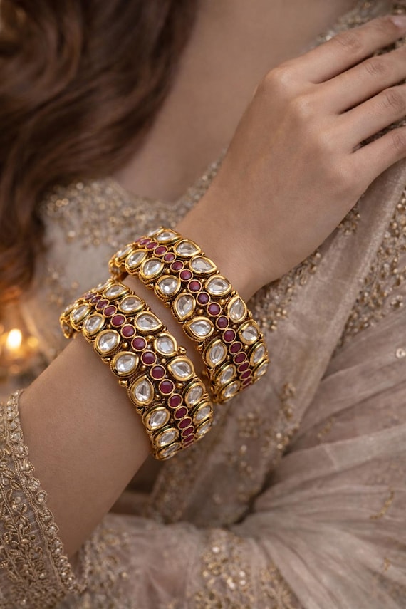 Traditional Indian Kundan Kada Bangles – 22kt Gold Plated Statement Bridal Jewelry Size 2.8
