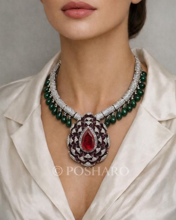 Ruby Red Statement Necklace Set, Emerald Drop Necklace with Pendant, Luxury Bridal Jewelry Set, CZ Crystal Wedding Necklace, Designer Set