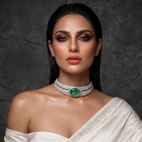 Mint Emerald CZ Choker Set: Sabyasachi Style Indian Jewelry