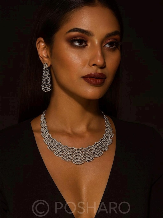 Premium CZ Diamond Bridal Necklace Set | Statement Choker with Long Chandbali Earrings | Silver Finish | Wedding & Reception Jewelry Set