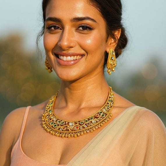 Indian Bollywood Fashion Sabyasachi Inspired gold plated premium quality jewelry set, necklace with earrings