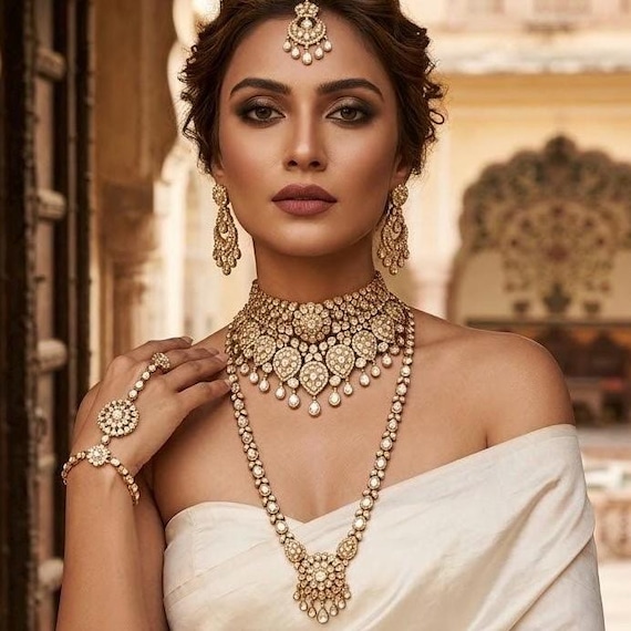 Uncut Polki Kundan Full Bridal Jewelry Set | Antique Gold Polish | Wedding Jewelry | Traditional Bridal Necklace Set | Real Moissanite Stone