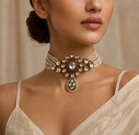 Premium Kundan Choker Set with Earrings | Pearl Multi Strand Choker | Ruby Green Polki Jewelry | Indian Wedding Jewelry