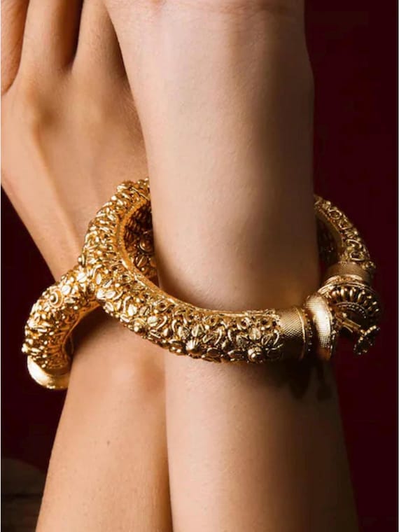 24K Gold Plated Indian Bangles: Sabyasachi Inspired Rajwadi Kadas, Size 2.6