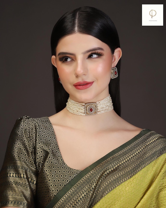 Vintage-Inspired Pearl Choker Necklace Set | Square Kundan Polki Jewelry | Red Stone & Pearl Layered Indian Choker