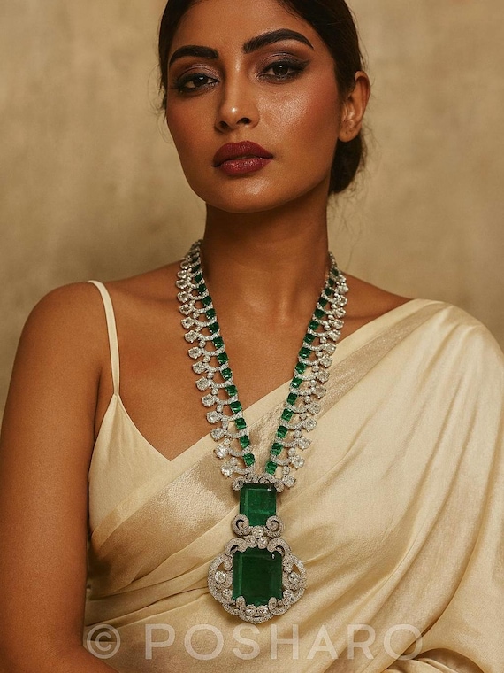 Premium Emerald Green CZ Royal Statement Necklace Set | Statement Necklace | Bollywood-Inspired Bridal Jewelry | Luxury Diamond Necklace
