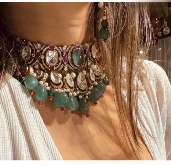 Bollywood Moissanite Green Emerald Polki Sabyasachi Inspired Necklace Set /Uncut Kundan gold plated/Reception victorian Bridal Choker Set