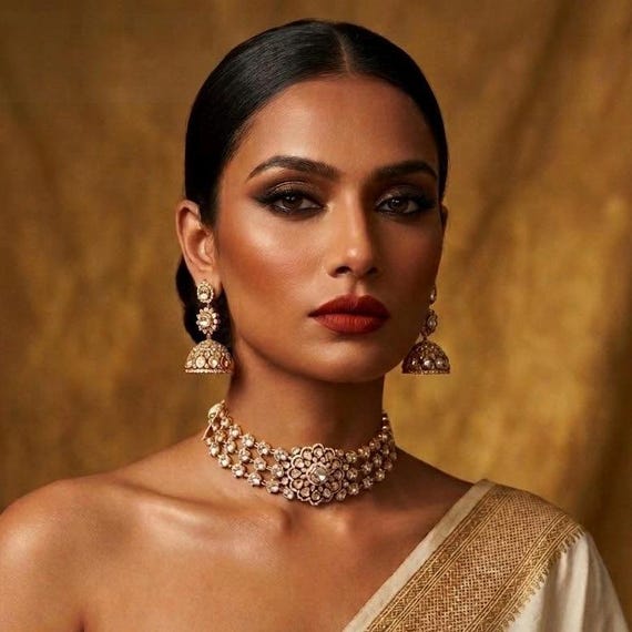 Moissanite Stone Choker Necklace Set | 22K Gold Finish Bridal Jewelry | Three Layer Statement Choker with Matching Jhumka Earrings