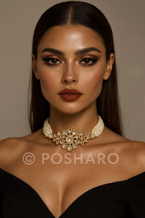 Gold Plated Polki Choker Necklace Set: Indian Bollywood Jewelry