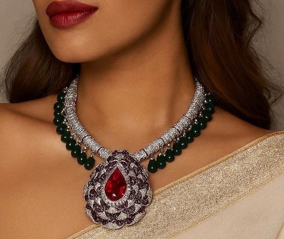 Emerald CZ Indian Necklace Set: 24K Gold Plated Bollywood Jewelry