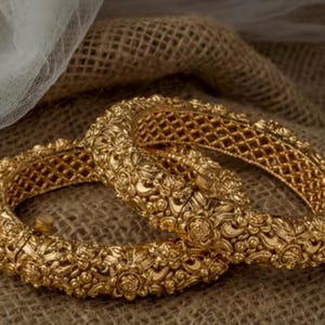 Antique Matte Gold Plated Bangles: Indian Kada Style, Size 2.2